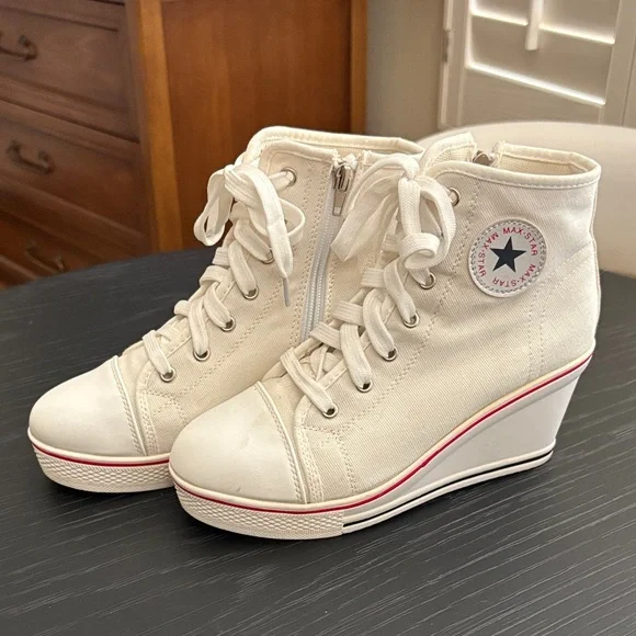 Platform Women's Wedge Lace-Up Sneakers Converse Inspired Sz 7.5 w side zippers - Picture 1 of 15